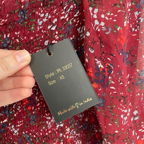 Japna Red Floral Abstract Print Ballon Sleeve Elastic Body Top Women’s Size XS - Picture 4 of 5